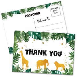 Birthday Thank You Postcards, Greenery Jungle Animals Thank You Cards for Kids Girls Boys Birthday Party, Baby Shower Party, Set of 20 (A01)