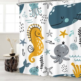 Miyotaa Sea Undersea Shower Curtain Set 60Wx71H Inches Seahorse Whale Animals Kids Ocean Fish Nautical Underwater Boys Child Cute Polyester Waterproof Cloth Bathroom Curtain with 12 Hooks