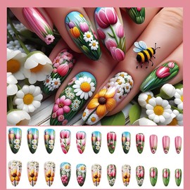Spring Colorful Press on Nails Medium Almond Fake Nails Flowers Glue on Nails Cute Press on Nails Glossy Stick on Nails Reusable Full Cover Artificial Acrylic False Nails Kit for Women Girls 24Pcs