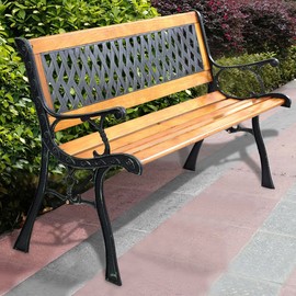 49 1/2" Patio Park Garden Bench Porch Path Chair Outdoor Deck Cast Iron Hardwood