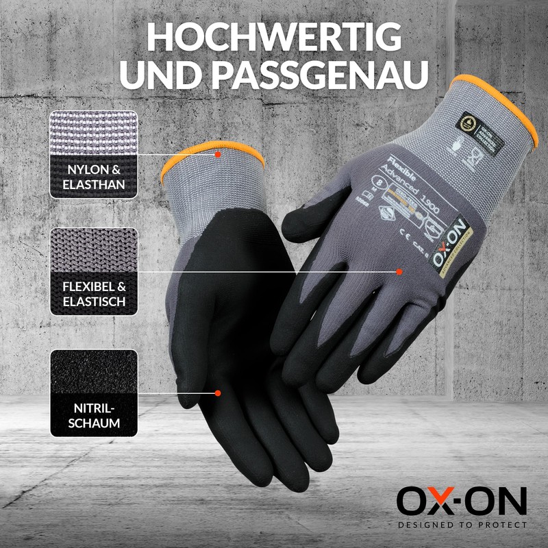 OX-ON Flexible Advanced 1900 Grey Work Gloves, Durable Safety Gloves,