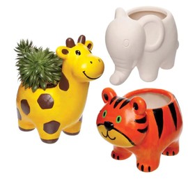Baker Ross FE220 Jungle Animal Ceramic Flowerpots Box of 3, Paintable Creative Art and Craft Projects for Kids to Make, Personalise and Decorate