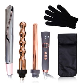 Blenci Interchangeable Curling Wand Set - Professional Curling Iron and Hair Straightener Gift Set Bundle Includes Multi Attachment Styling Wand, Flat Iron, Glove & Travel Case, Gift Idea for Women