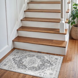 GENIMO 60x90cm Grey Bohemian Polyester Rug - Machine Washable Non-Slip Small Area Rug for Bedroom/Hallway | Lightweight & Fade-Resistant | Boho Chic Design