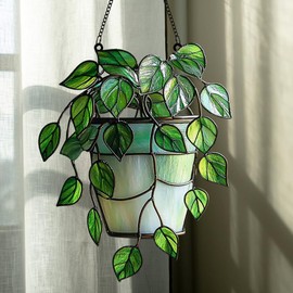 Monstera Suncatcher Indoor Colorful Window Hanging Ornament Outdoor Sun Catcher Panel for Home Decor Car Garden Crystal Gift Faux Mosaic Acrylic Stained Glass Monstera Plant Pot Suncatcher