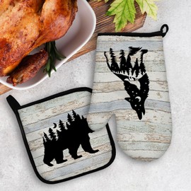 Mingnei Rustic Lodge Moose Deer Wolf Bear Oven Mitts and Pot Holders Sets, Log Cabin Forest Animal Resistant Hot Pads Rv Kitchen Decor for Cooking Baking BBQ Grilling, Camping Rv Oven Glove Set Gifts