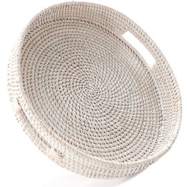 HITOMEN 11.8" Hand-Woven Round Rattan Serving Tray Decorative Wicker Trays with Handles for Coffee Table (Whitewash-M)