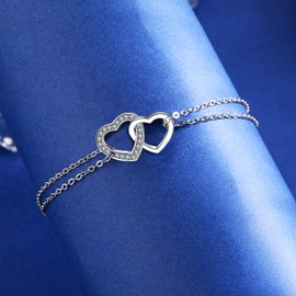 Arrebol Heart Bracelet Women's 925 Sterling Silver Double Love Heart Bracelets with Zirconia Adjustable Charm Bracelet 16 + 4 cm, Sterling Silver