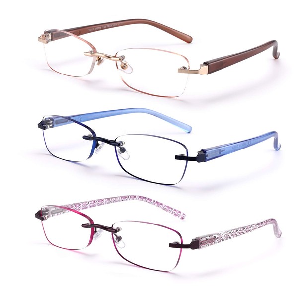 FEIVSN 3-Pack Rimless Reading Glasses For Women, Lightweight Spring Hinge Readers, Classic Elegant Artistic Eyeglasses UV 400 (Mix 1.25 Etc)