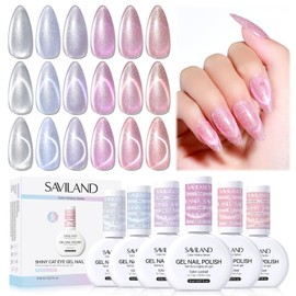 SAVILAND Color Artistry Cat Eye Gel Nail Polish 6 Colors: Crystal Shiny Gel Nail Polish Shimmer Glitter Rainbow Magnetic Glitter Cat Eye with Magnet Stick Soak Off U V Lamp Manicure Nail Art