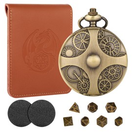 Mini DND Dice Set Bronze Steampunk Gear Pocket Watch Case DND Gifts with Dice Bag 7pcs Polyhedral Metal D&D Dice Set DND Starter Set Role Playing Accessories