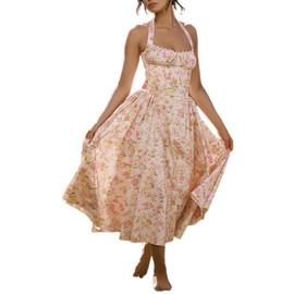 Boho Maxi Dress for Women Floral Print Cute High-Waisted A-line Casual Vintage Beach Sleeveless Casual Dress (A Pink,L,US,Alpha,Large,Regular,Regular)