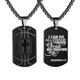 RUOOUY Basketball Bible Verse Cross Necklace for Men Boys Inspirational Bible Verse Dog tag Pendant Stainless Steel Chain 22+2 inch Sports Religious Jewelry Basketball Gift for Men（I Can Do-Black）