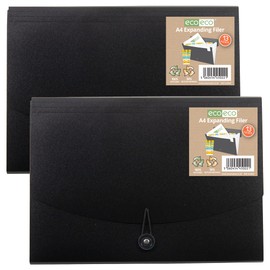 eco-eco A4 50% Recycled 13 Clear Pocket Black Cover Expanding File Organiser - Document Folder - Printed Index Tabs, eco022x2