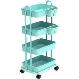 Simple Houseware 4-Tier Multifunctional Rolling Utility Cart with Hanging Buckets, Turquoise