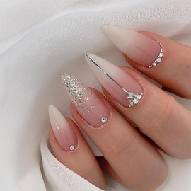 Almond French Tip Press on Nails Long Rhinestones False Nail Artificial Acrylic Fingernails Silver Glitter Powder Design Fake Nail 24Pcs Full Cover Reusable Coffin Glue on Nails for Women Supplies