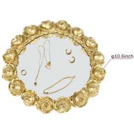 Vixdonos Decorative Round Mirror Tray Bathroom Vanity Tray with Gold Resin Rose for Perfume,Jewelry and Makeup