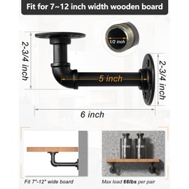 LuckIn Pipe Shelf Brackets for DIY 8 10 12 Inch Floating Shelves, Industrial Iron Pipe Bracket, Heavy Duty Metal Shelving Brackets, Black, 6-Pack