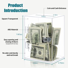 ETPlanet Clear Acrylic Piggy Bank for Adults Kids, Large and Sturdy Money Saving Jar for Cash Coin with Key Change jar, Saving Box for Wedding, Birthday, New Year Gifts and Fun (Clear)