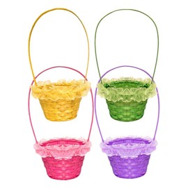 1x Pretty Woven Easter Basket With Frill - Hamper Basket With Handle - Colour at Random- Colourful- Pink, Green, Pink or Purple
