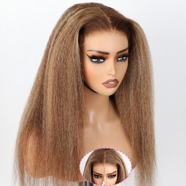 Domiso 24 Inch Glueless Wigs Human Hair Highlight 4/27 Kinky Straight Wear and Go Glueless Wig HD Lace Pre Cut 6x4.6 HD Lace Wig Pre Plucked for Women Natural Hairline Breathable Cap 200% Density