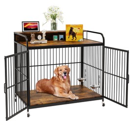 Dog Crate Furniture, Dog Crate Indoor with Adjustable Height Rotating Feeder, Wooden Decorative, 39.8 Inch Dog Crates, 360° Wheels for Easy Mobility, Rustic Brown (39.8" L x 22.5" W x 38.6" H)