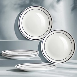 YFWOOD Ceramic Dinner Plates Set Of 6, 8 Inch Salad Plates, Contemporary Round Porcelain Tablewar, Suitable for Desserts, Appetizer, Pasta, Microwave Safe - White & Blue Double Line