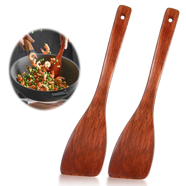 Pack of 2 Wooden Spatulas for Cooking, Wooden Spatula Kitchen with Unique Grain, Long Handle, Non-Stick Wooden Spatula for Wok Pan with Non-Stick Coating (33 cm / 12.99 inches)