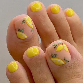 Jremg Lemon Press on Toenails Short Square Fake Toenails Summer Full Cover Glue on Toe Nails Matte Yellow Solid Color False Toes Nails Cute Reusable Acrylic Toenails for Women Girls Manicure 24Pcs