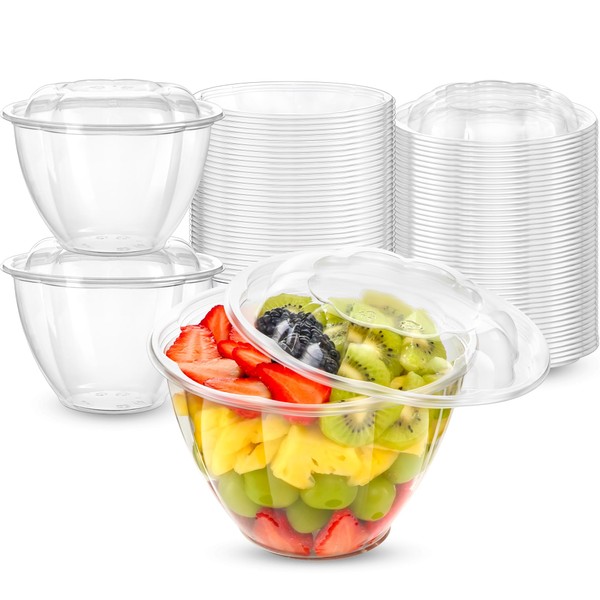 Fit Meal Prep 150 Pack 48 oz Clear Plastic Salad Bowls with Airtight Lids, Disposable To Go Salad Containers for Lunch, Meal, Party, BPA Free Clear Bowl for Acai, Green Salad, Fruits, Nuts