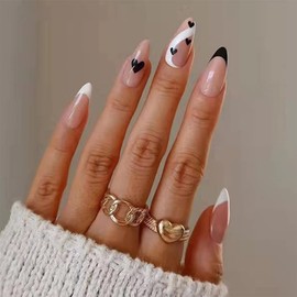 Sethexy Abstract Stiletto False Nails Nude Pink Nails Stick On Snake Line False Fingernails 24 Pieces Acrylic Art Press on Nail Tips for Women and Girls (Black3)