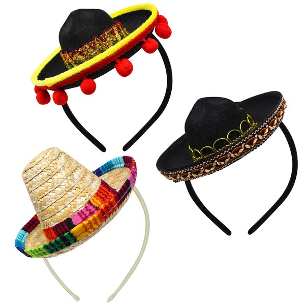 3 PCs Cinco De Mayo Fiesta Fabric and Straw Sombrero Headbands Party Costume for Fun Fiesta Hat Party Supplies, Luau Event Photo Props, Mexican Theme Decorations, Dia De Muertos and Party Favors
