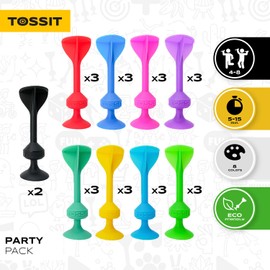 TOSSIT Game Set - Indoor, Outdoor Suction Cup Throwing Party Game - Family Pack, 8 colors Red Cyan Pink Light Blue Purple Green Blue Yellow - Portable Fun that sucks!