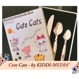 KIDDI-MEDIA Children's Cutlery with Engraving / Motif Cute Cats / with Coloured Cat Motifs / Set of 4 (All Engraved with Name) / Stainless Steel / Engraving Name and Birthday Possible