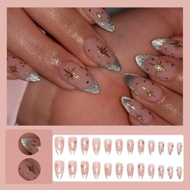 24 Pcs Press on Nails Short Almond Nail Tips,YEFIUO Cat's Eye French Fake Nails Press ons Glue on Nails Acrylic Nail Art Kit Full Cover Reusable False Nails with Starburst Rhinestones Design for Ma'am