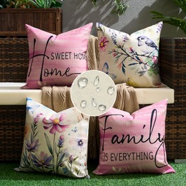 Set of 4 Cushion Covers 45 x 45 cm Cushion Covers Waterproof Spring Summer Sofa Cushion Farmhouse Decorative Cushion Linen Cushion Flowers and Birds Decor Cushion Cover for Outdoor Balcony Patio