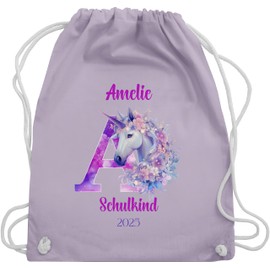 Geschenk mit Namen personalisiert by Shirtracer - Gym Bag Backpack - School Child 2024 - Unicorn Initial Letter | School Unicorn Girl Gift | Unicorn First Day of School Gifts for Girls, 02 Pastel