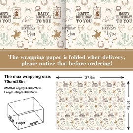 FYSUIMU 6 Sheets Happy Birthday Wrapping Paper - Not Roll - Western Cowboy Gift Wrap Paper Folded Flat for Wild West Rodeo Birthday DIY Crafts, 19.7 x 27.6 Inch