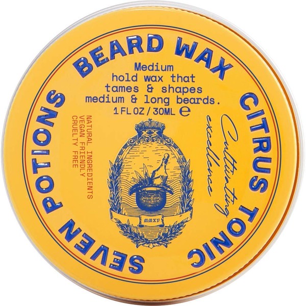 Seven Potions Beard Wax for Men — Medium Hold Styling Wax to Shape And Nourish Your Beard — All-Natural, Vegan, Cruelty Free — Citrus Tonic (1 FL OZ)