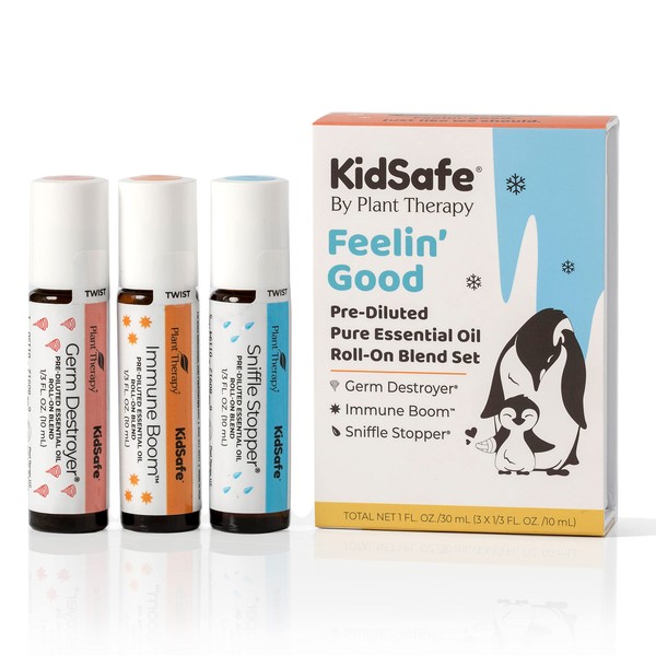 Plant Therapy KidSafe Feelin' Good Essential Oil Blend Set, Includes: Germ Destroyer, Immune Boom, Sniffle Stopper 100% Pure, Pre-Diluted Roll-Ons, Natural Aromatherapy 10 mL (1/3 oz)