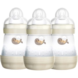 MAM Easy Start Self Sterilising Anti-Colic Baby Bottle 3 Pack (3 x160 ml) with Slow Flow MAM Teats Size 1, Newborn Essentials, White (Designs May Vary)