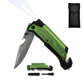 ALBATROSS 7-in-1 Damascus Folding Knife - Glass Breaker/Seatbelt Cutter/Flashlight/Fire Starter, Military Rescue Tool with Carrying Bag - FK01-DA-GN (Green)