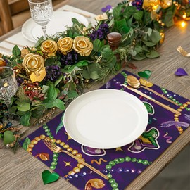 DineDia Mardi Gras Placemats 18x12 Inches Set of 4, Fleur de Lis Mask Purple Carnival Table Decor, Burlap Farmhouse Indoor Outdoor Holiday Beads Rhombus Lattice Decoration Mats for Home Party DP051-4