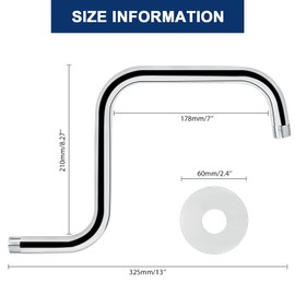 NearMoon S Shape Shower Extension Arm with Flange, Stainless Steel High Rise Shower Head Extender Pipe, Horizontal Extension Standard 1/2" Connection- Bathroom Accessory, 13 Inch (Chrome Finish)