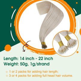 Easyouth Nano Hair Extensions Real Human Hair Blonde Nano Beads Hair Extensions Human Hair White Blonde Nano Loop Ring Extensions Pre Bonded Hair Extensions Nano Human Hair 14 Inch 50g 1g/Strand