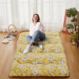 FinerFurnis Japanese Futon Mattress Twin Size Futon Floor Japanese Style Floral Pattern Tatami Mat Sleeping Pad for Camping Travel Magnolia
