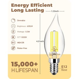 TJOY LED Candelabra Bulb Dimmable, 60W Equivalent LED Chandelier Light Bulbs, 5.5W 5000k Daylight 600LM CA11 Flame Tip Vintage Filament Candle Light with Decorative E12 Candelabra Base, 12 Pack