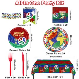 117 PCS World Cup 2026 Soccer Party Decorations Kit, Football Theme Birthday Decorations with Plates, Napkins, Knives, Forks, Tablecloth, Pennants for Game Day, Soccer Party Supplies Serves 20