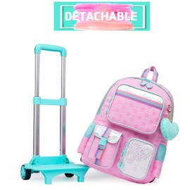 HTgroce Rolling Backpack for Girls Trolley School Bags Girls Backpacks with Wheels Kids Carry-on Travel Luggage,Pink Schoolbag Set