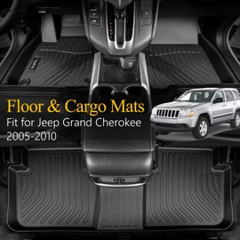 Wailtnb-Car Floor Mats & Cargo Liner Set Fit for 2005-2010 Jeep Grand Cheroke All Weather Floor Mats for Jeep Grand Cherokee 2010 Cargo Liner TPE Waterproof Trunk Liners Full Set Accessories Black